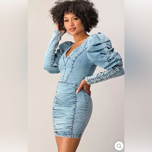 ***Shop Michella Denim Ruched Long Sleeve, Fitted Mini Dress M (A) - Picture 1 of 13